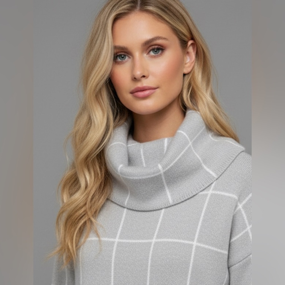 Chic Gray Grid Turtleneck Sweater - Picture 2 of 9